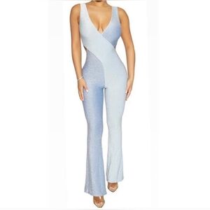 naked wardrobe crisscross flare leg jumpsuit- sparkly blue